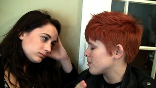 Short hair hot lesbian girl fucks her roommate with strap